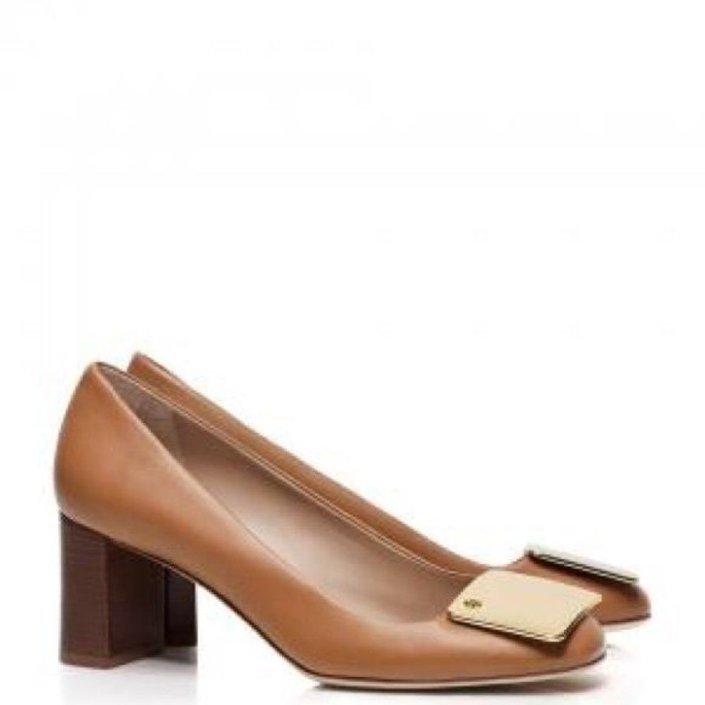 Tory Burch Brown Leather Block Heel Pumps Gold Logo Hardware Size 5.5M